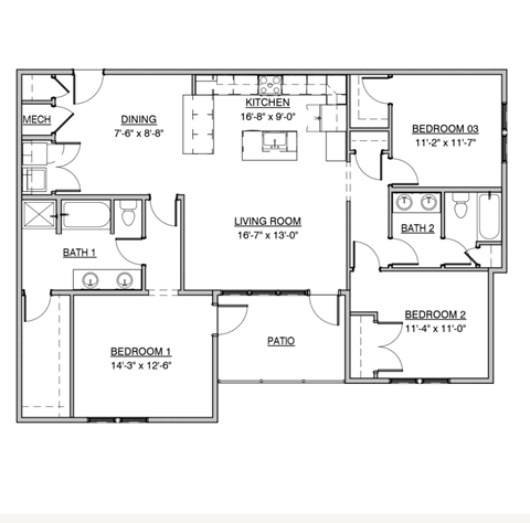 Floor plan for 3 beds, 2 baths, 1550 sqft